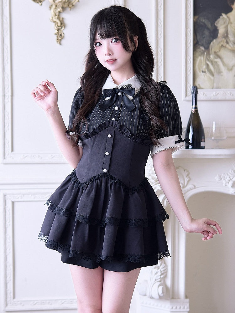 Shorts, Faux-Zweiteiler und Kleid, mehrlagiger Kei-Rock, Spitze, schwarzer Jirai-Streifen-Set – Besatz