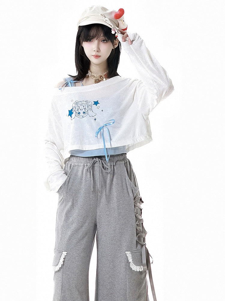 キュートな女の子のプリント柄カバーアップ ホワイト アシンメトリーネックライン