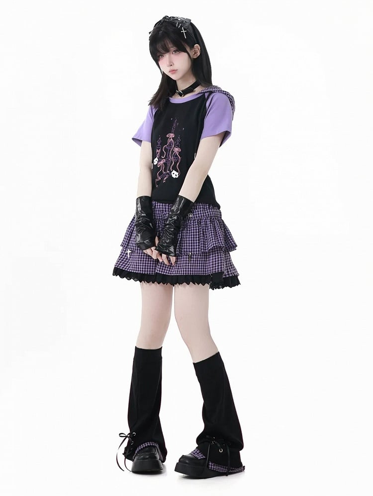 Plaid Hood Graphic T-Shirt Black  Purple Colorblock Design