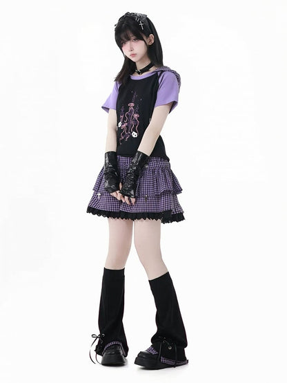 Plaid Hood Graphic T-Shirt Black  Purple Colorblock Design