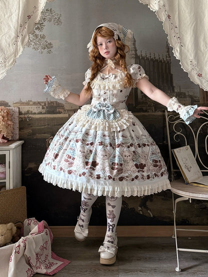 Teddy Sleeves and Short Sweet Lolita Dress White Cherry Print