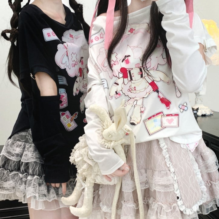 Jirai Kei Lace Double-Layered Bunny Ears Design Black/White/Pink