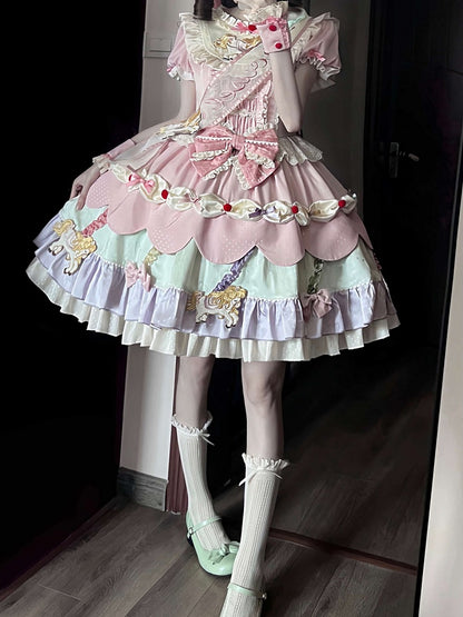 Cute Round Neck Bow Ruffle Dress with 3D Horse Embroidery in Pink & Purple - Sweet Dream Box