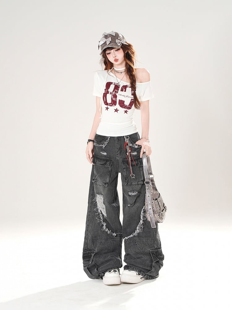 Niedriger Saum, Schwarz/Blaue Leibhöhe, Distressed-Löcher, Raw-Cargohose mit weitem Bein