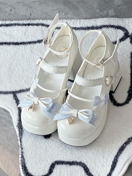 and - Elegant Round Details Lolita High-heel Shoes Blue Toe Bow White
