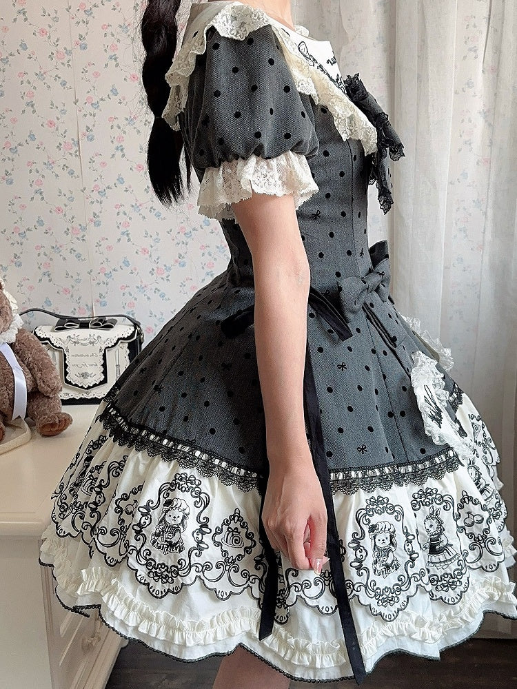 Gray Dot Sweet Lace-Trimmed Pattern Rabbit Dress Appliques with Polka Lolita Sweetheart