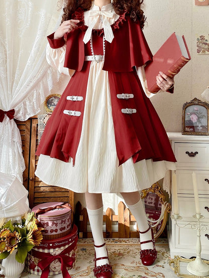 Lolita Dress Design Collar Sleeves Long and Cape Beige Red Banded