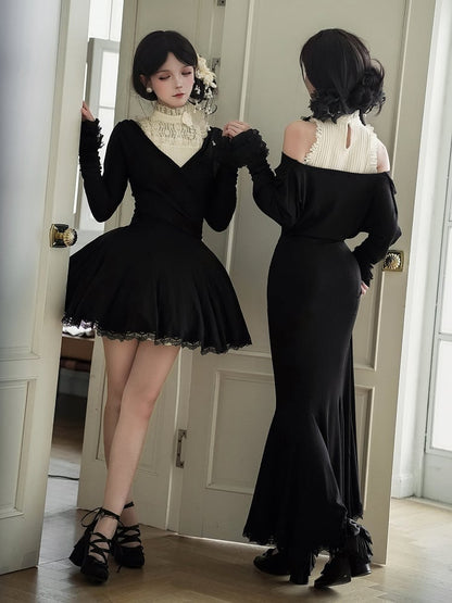 V-Neck + Short Top Hairclip Deep Sleeves Flower Knit Sleeveless Beige Black Long Dress