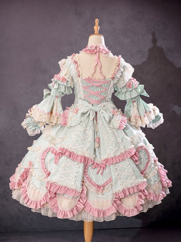 Magnifique robe Lolita Hanayome vert menthe brodée de rosaces florales et de perles
