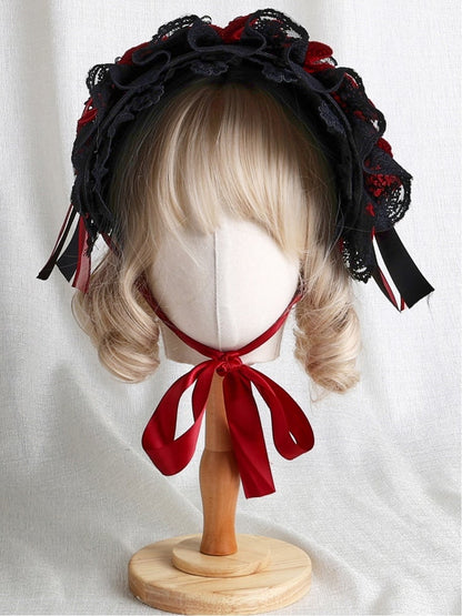 Red Black Lace Bonnet Ruffled
