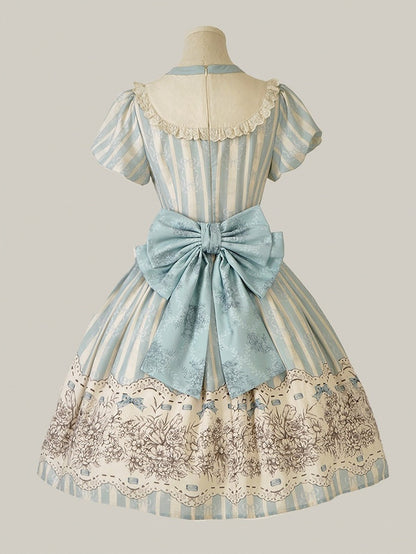 and Floral Blue Embroidery Classic One Bowknot Piece Striped Bodice Version Lolita Short Pattern