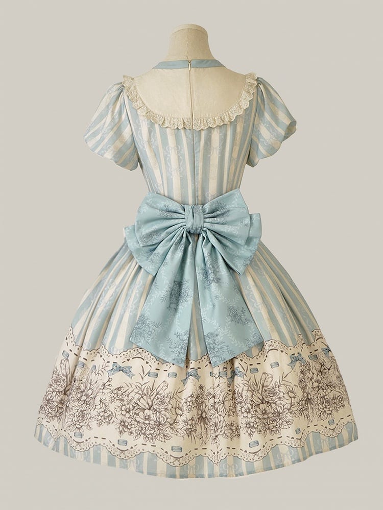 Blue/Brown/White/Light Pattern Train Brown Floral Bow Lolita