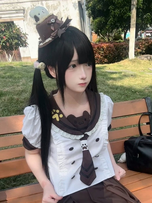 Brown Sleeve Blouse Collar Set Two-Piece - Short White with Sailor Neck Tie Lace-trimmed