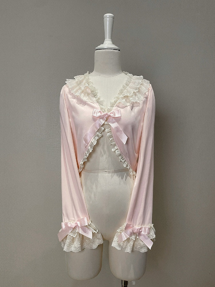 Pink Bow Lace Trim Cardigan - Tan Tuan