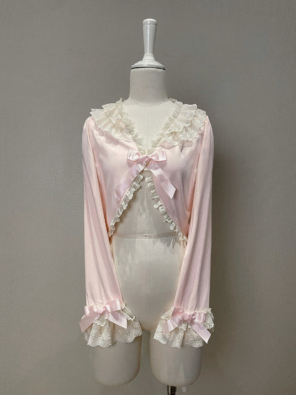 Pink Bow Lace Trim Cardigan - Tan Tuan