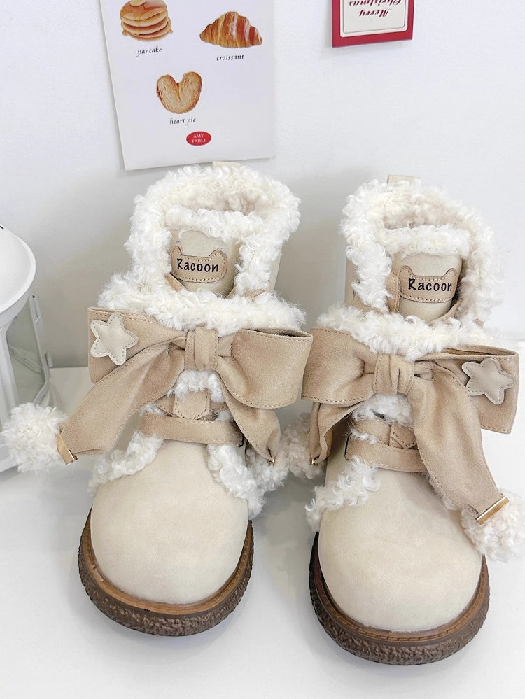 - Apricot Pompom 5.5cm Platform Fastening Lolita Bow Sweet Beige with Lining Ankle Boots Dual Plush