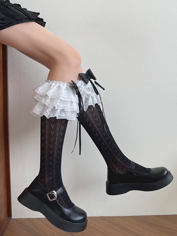Unterknee-Besatz Strümpfe Herz Bowknot Print Rüschen Spitze Weiß/Schwarz