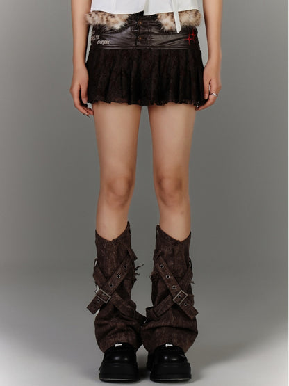 Mini Lace Patches Coffee Plush Leopard Waistline Fashion Glamorous Skirt Millard Hem Gyaru