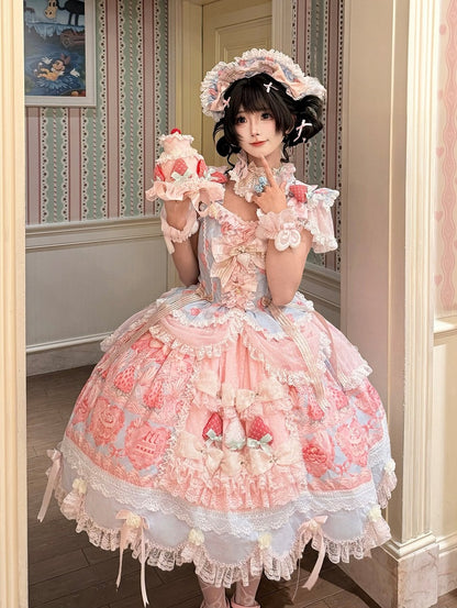 Blue & Pink Strawberry Cake Print Flutter Sleeve Lolita JSK - Ball Lolita