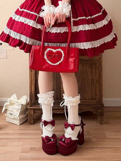 Wine Red Lolita Style Witch Diary Pearl Chain & Lace Bow Accent 12cm Heels - Witch's Night