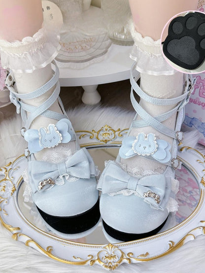 Mary Round - Toe Lolita Sweet with Bow Satin Blue Janes Details