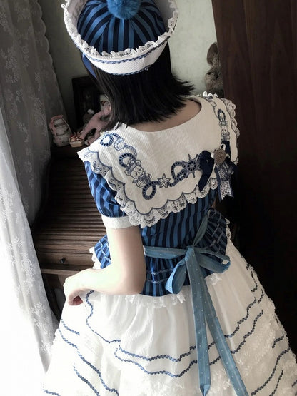 Blue Sailor Bear Embroidered Striped Top with Lace - Twin Bear Original Design