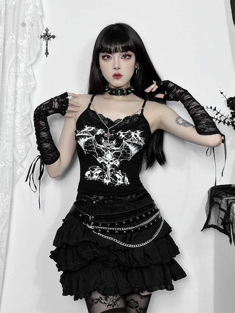 Black Cross Bat Halloween Pendant with Print Cami Chain Lace Trim Gothic Y2K Top