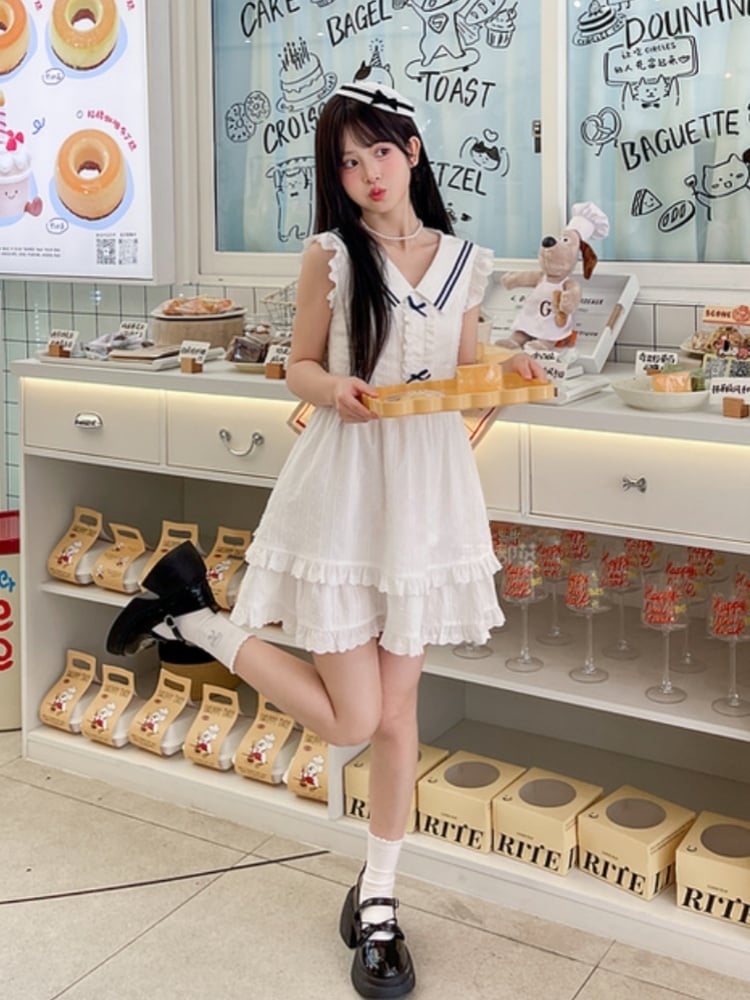 Ärmelloses Kleid mit Stufenrock und Kontrastweiß, Matrosenkragen, Flatterärmel, Blau