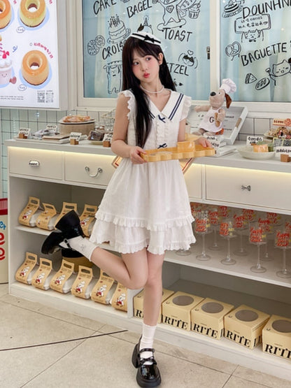 Ärmelloses Kleid mit Stufenrock und Kontrastweiß, Matrosenkragen, Flatterärmel, Blau