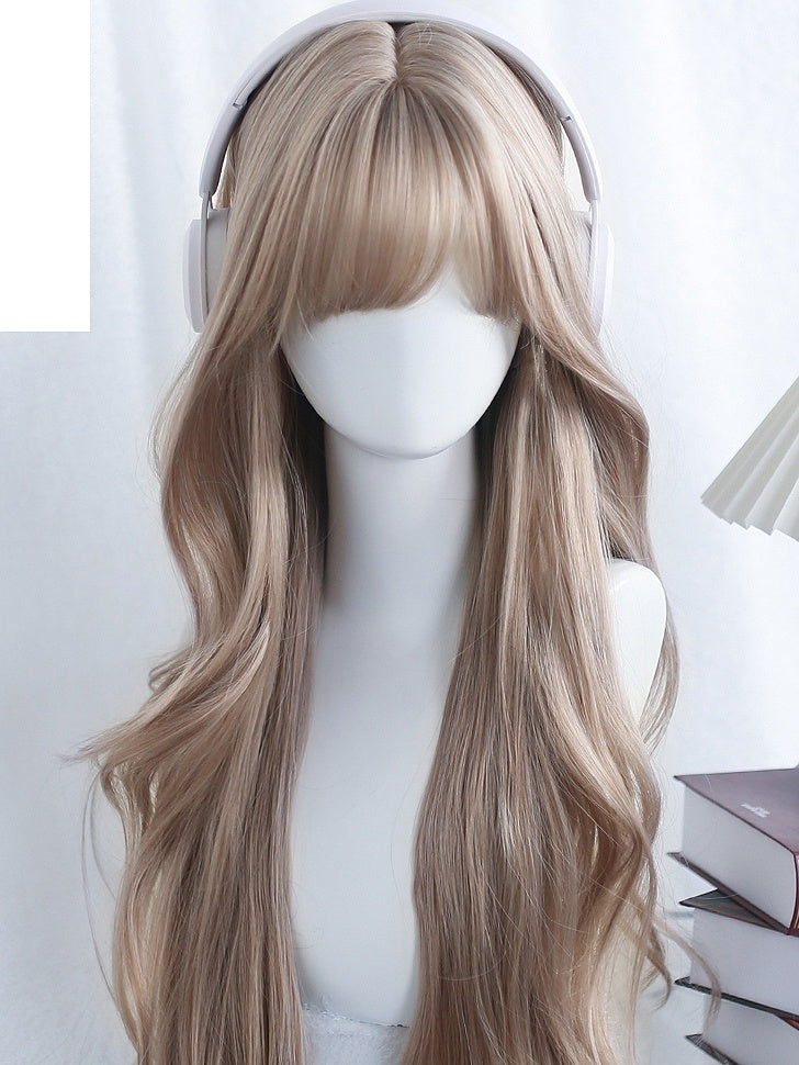 60-65cm Wellig Air Perücke Licht Pony Braun Lange Mit