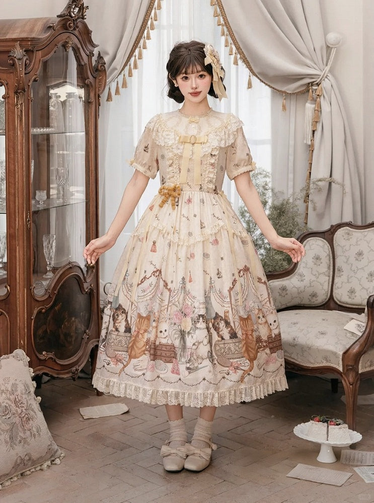 Beige Cat Print Round Neck Sweet Lolita Dress with Lace Trim - NyaNya