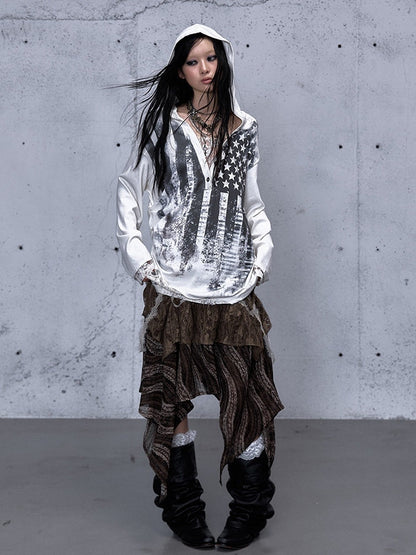 - Loose Lace V-Neck Two-piece Top Star Sleeve Panel Off-white Hooded Long Print