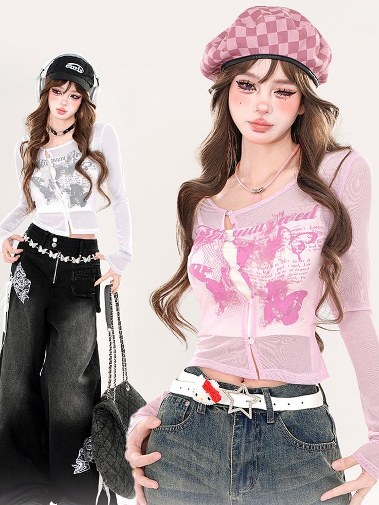 White/Pink Butterflies Print Semi-sheer Cropped Top with Cami Top Set