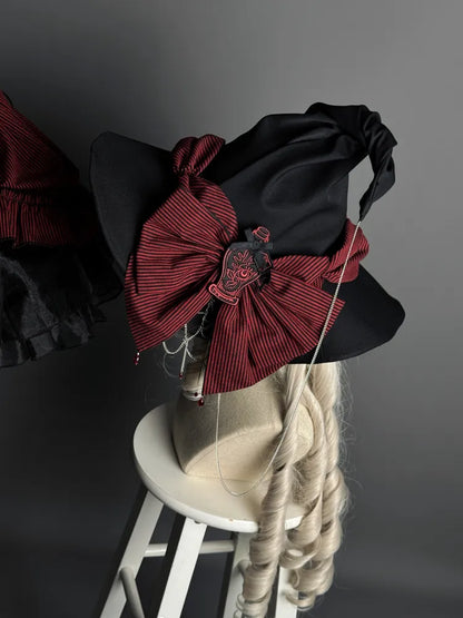 Black / Red Big Bow and Spider Web Chain Decorated Gothic Lolita Witch Hat