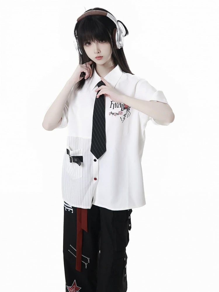 Version Black Buttons Red Long/Short Short Sleeves Shirt and Contrast Leather Buckle Strap White