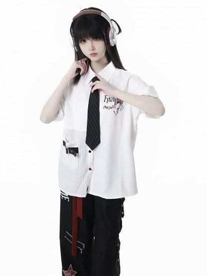 Version Black Buttons Red Long/Short Short Sleeves Shirt and Contrast Leather Buckle Strap White