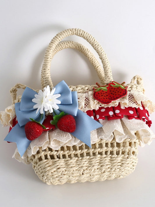 Strawberry Red Crochet Blue Bag Details Crossbody with