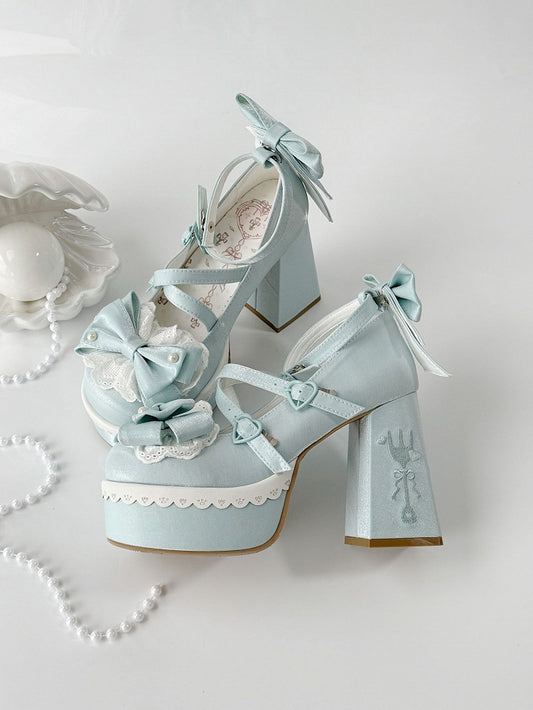 Blue Lolita Lace Bowknot Buckle Straps Fork Platform Block High Heels