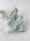 Blue Buckle Fork Embroidery Straps Heels Lace High Lolita Platform Block Bowknot