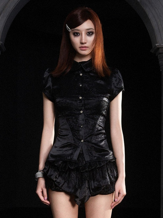 Punk with Black Ties Blouse Lace Back Crisscross Trim Satin Gothic