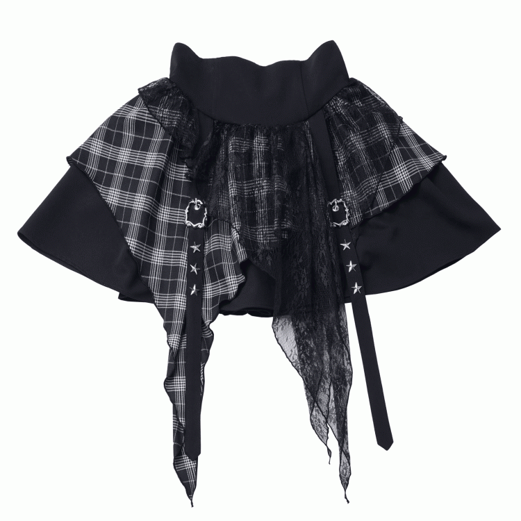 Red / Lace Buckle Straps Handkerchief Plaid Studs Star Core with Idol Hem Y2K - Black Skirt