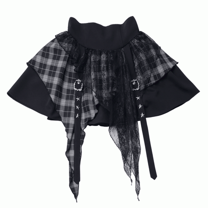 Red / Lace Buckle Straps Handkerchief Plaid Studs Star Core with Idol Hem Y2K - Black Skirt