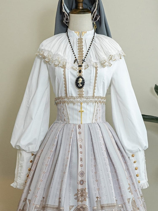 White Ruff Blouse Lolita Back with Collar Gothic Lace-up