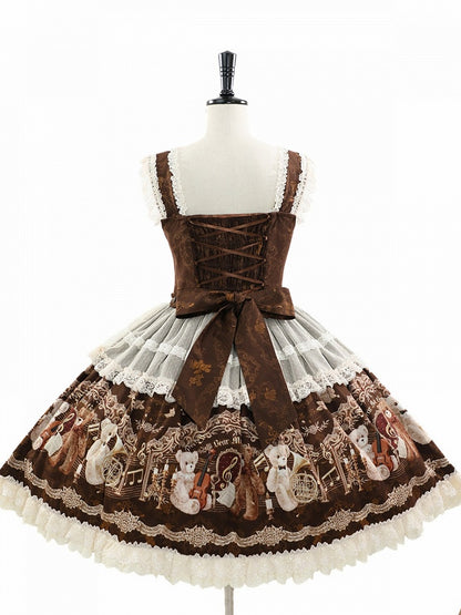 Vintage Brown Bear Symphony Theme Lolita JSK with Bow & Lace Accents - Twin Bear Original Design