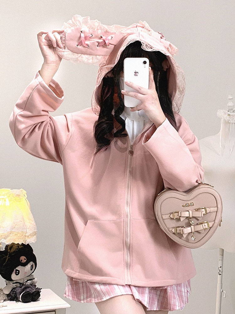Jirai Crossed Bunny Kei Otaku Hood with Zip-Up Ears Hoodie