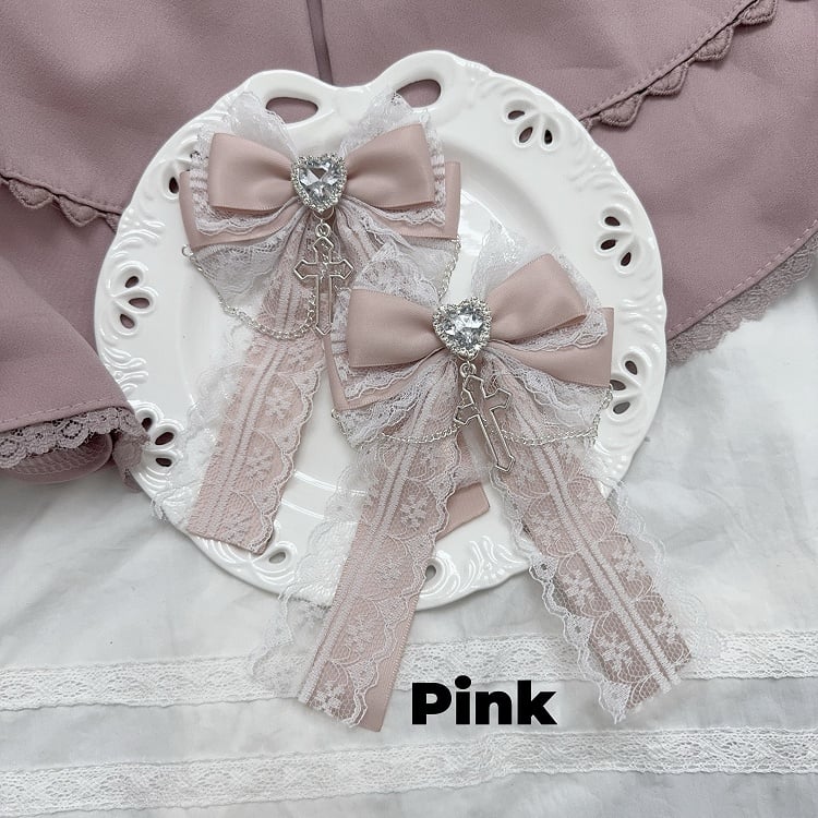 Charm Lace Bow Hairclips White/Pink/Dusty Cross Jirai Kei Pink/Black/Blue