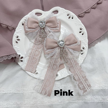 Charm Lace Bow Hairclips White/Pink/Dusty Cross Jirai Kei Pink/Black/Blue