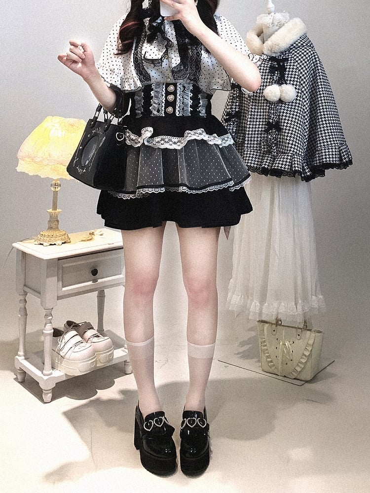 Chiffon Sleeve Polka-dot White/Black Cape Blouse: Jirai Kei