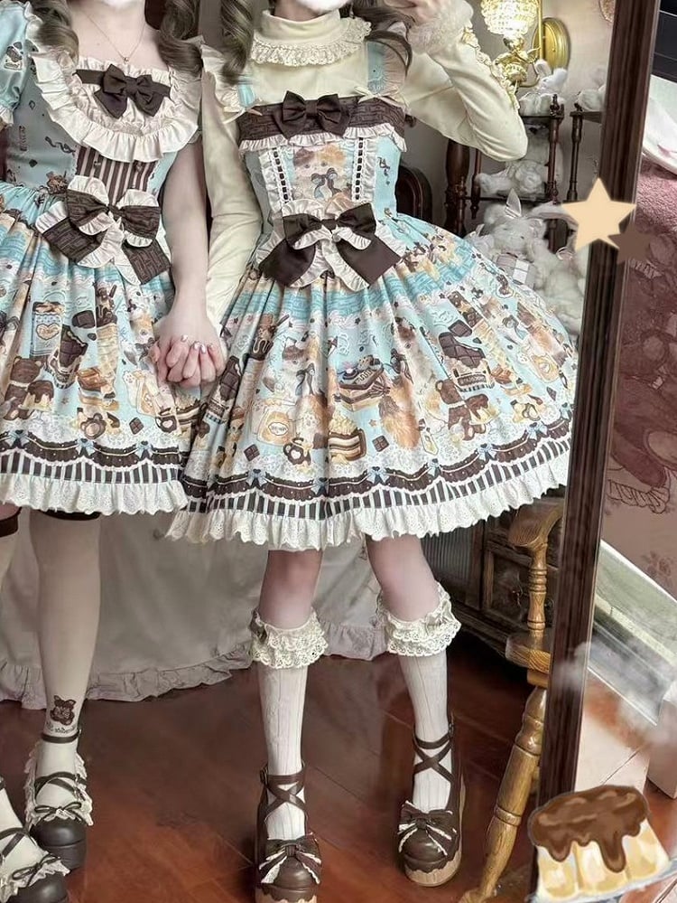Mint Green Sweet Lolita JSK Dress with Kitty & Chocolate Print - Poetry of Dolls