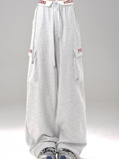 Pants Letter - Waistband Wide-Leg Pockets Gray Foldover Embroidered